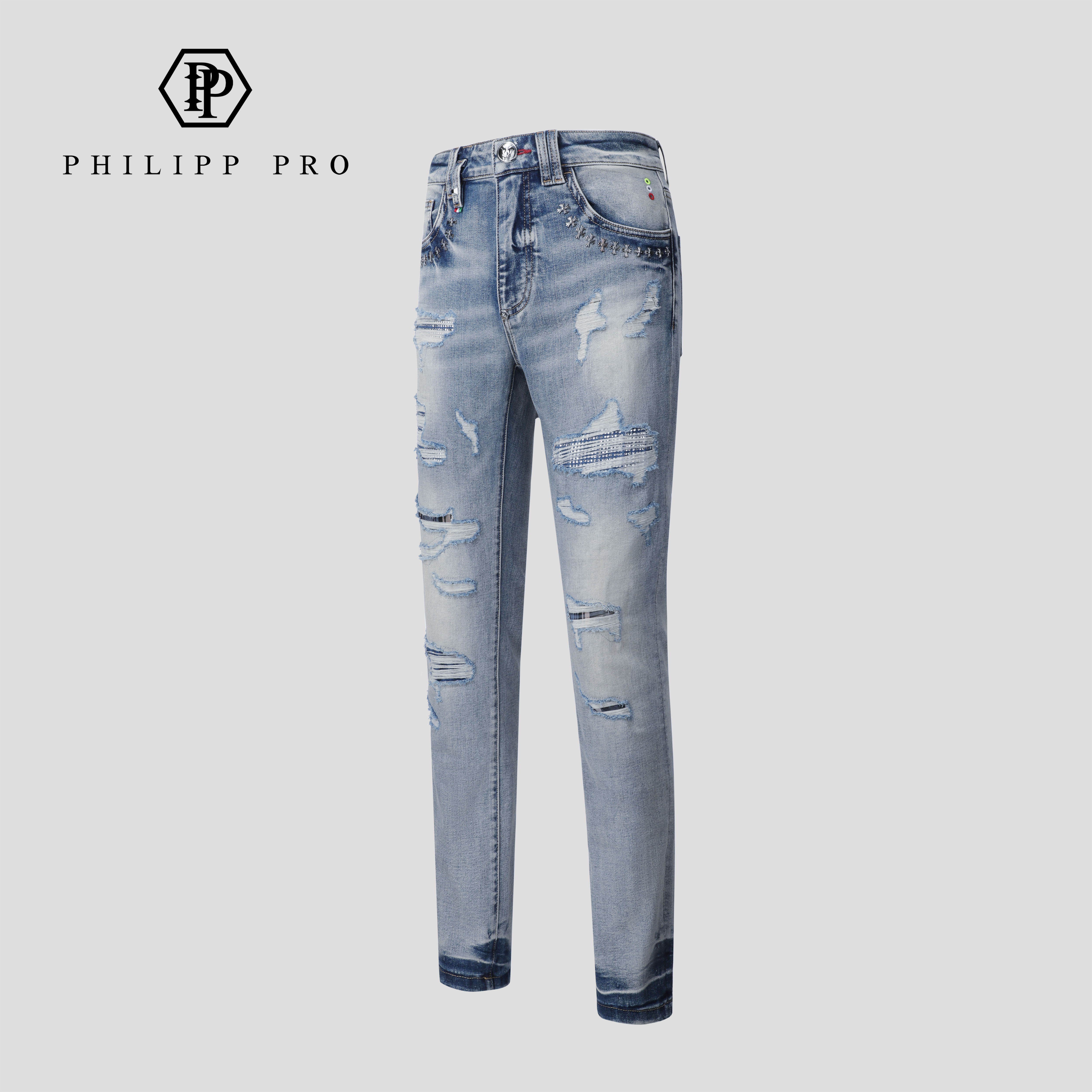 PHILIPP PRO男士春夏新款高端牛仔裤蓝色水洗修身款破洞直筒男裤