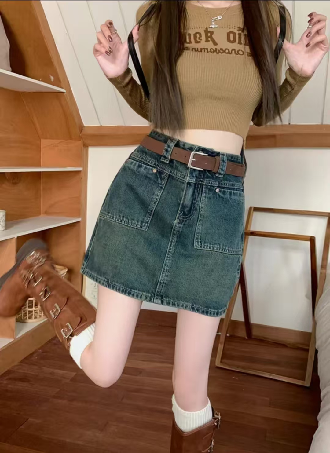 墨兰灰牛仔半身裙女夏2025新款高腰显瘦不显胯A字版型短裙