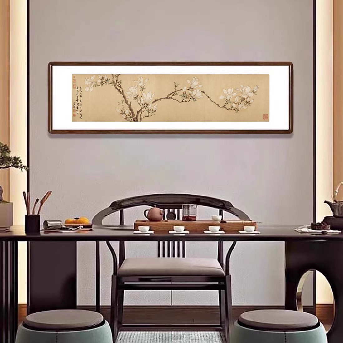 白玉兰图挂画花鸟画新中式客厅背景墙装饰画茶室书房卧室床头壁画