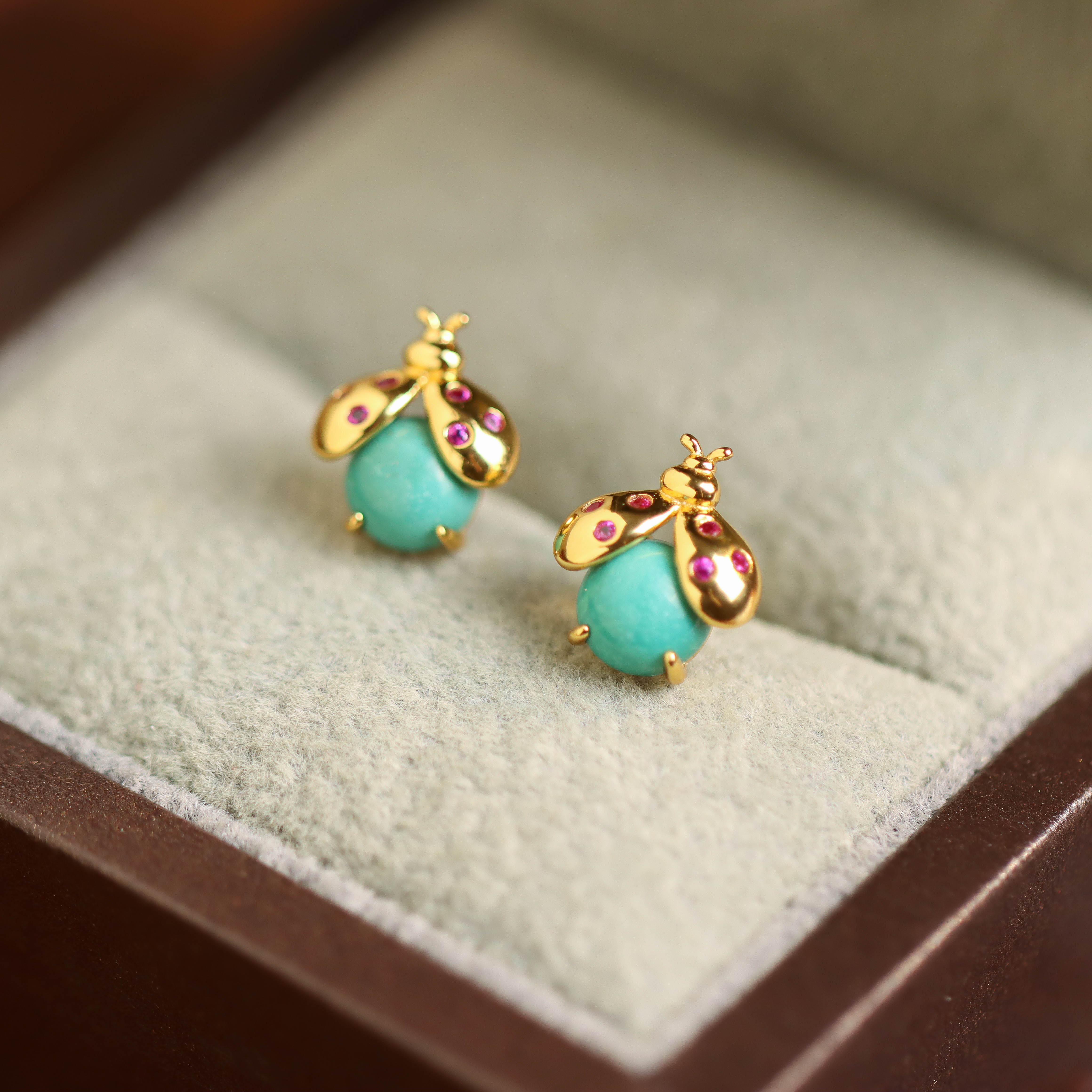 925银耳饰 S925银镀金睡美人瓢虫国潮国风送礼女款耳钉