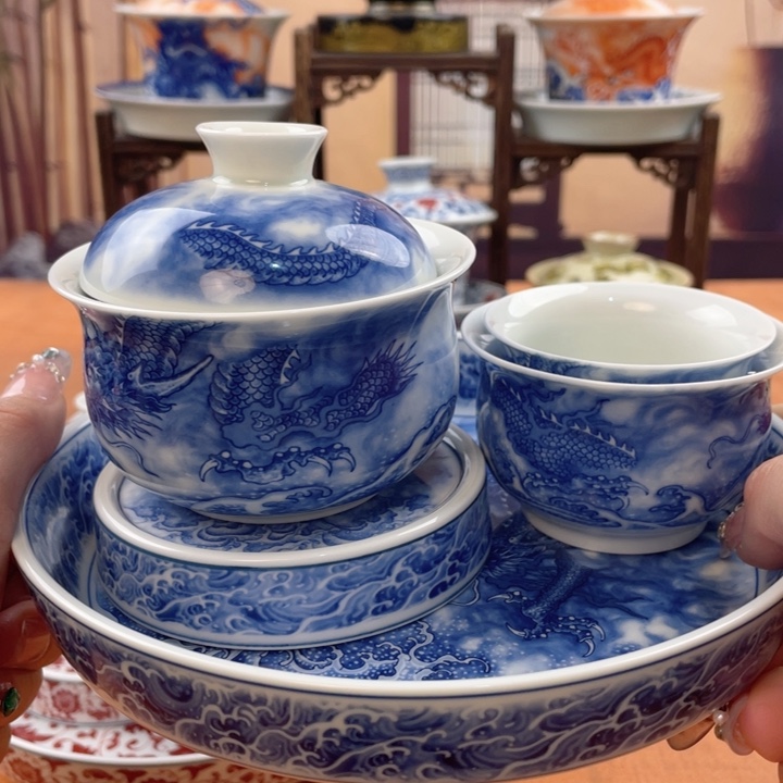 摆件陶青花龙吸水五件套