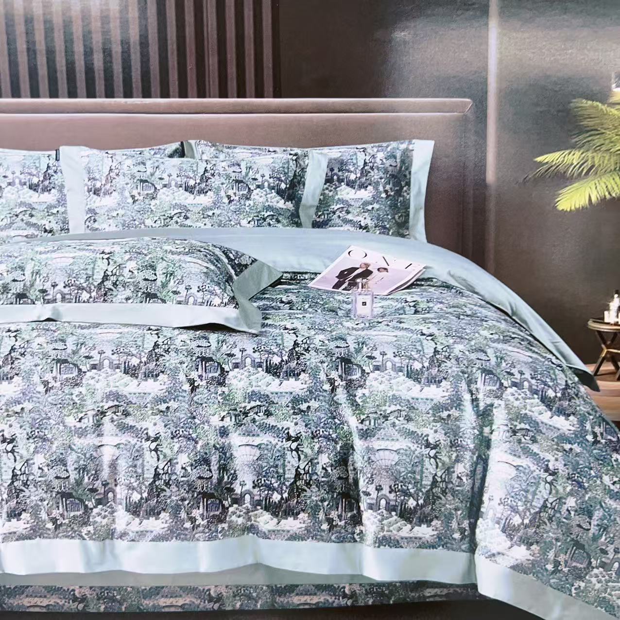 【撤柜尾单】加密超柔数码印花长绒棉四件套-巴黎香颂-蓝