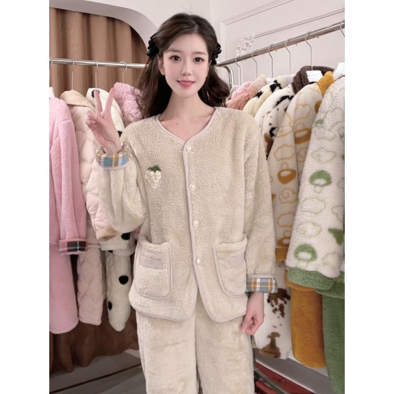 TY睡衣女2025年冬季新款保暖圆领女士加绒加厚可外穿家居服两件套