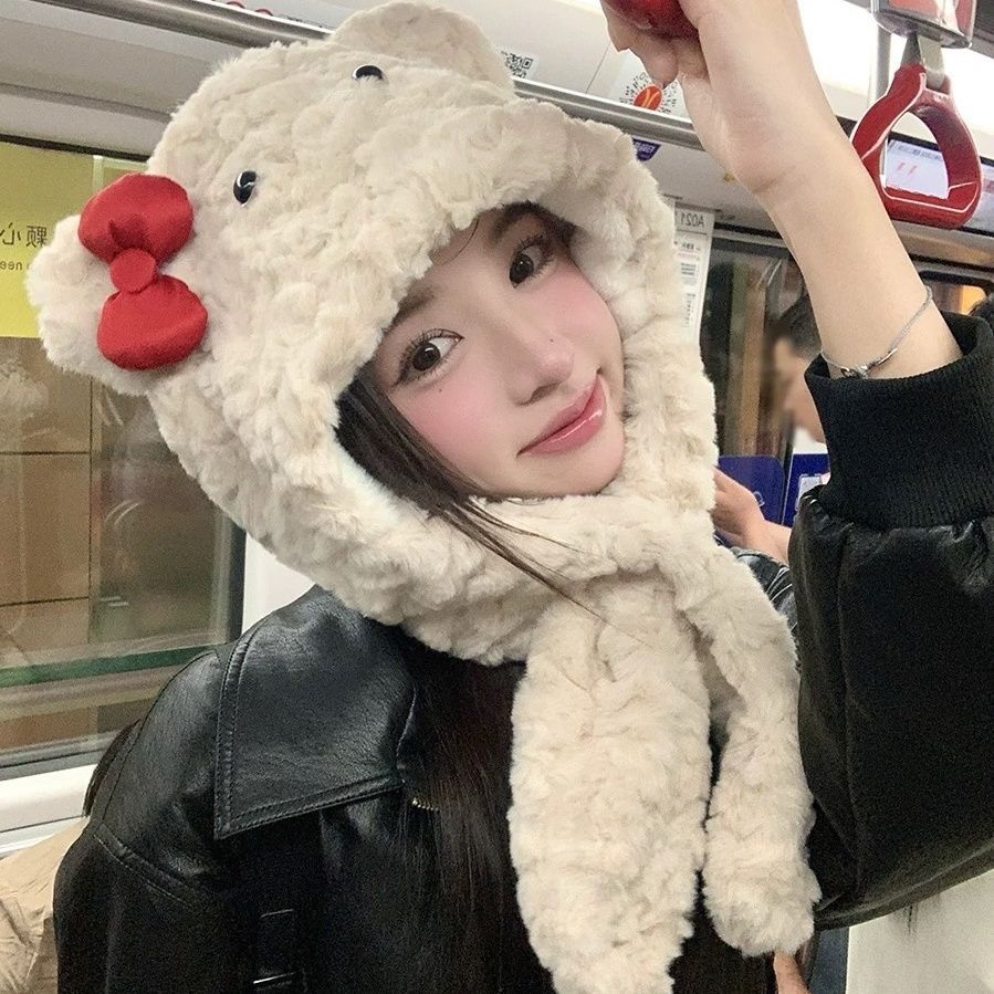新款加厚保暖护耳帽子围巾一体秋冬季蝴蝶结小熊毛绒雷锋帽女防寒