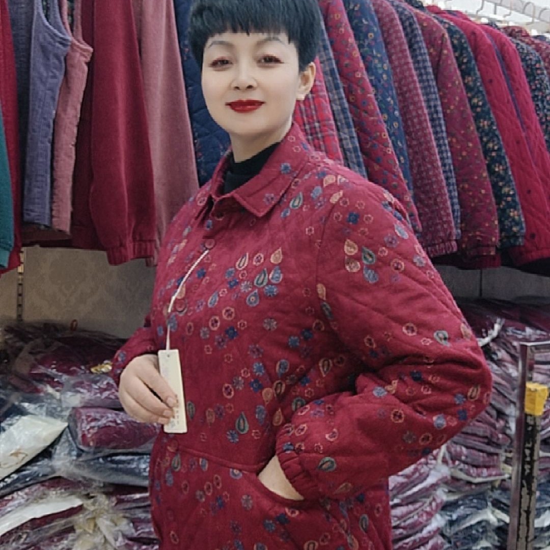 中老年妈妈秋冬时尚翻领长袖短款夹克外套薄棉奶奶装
