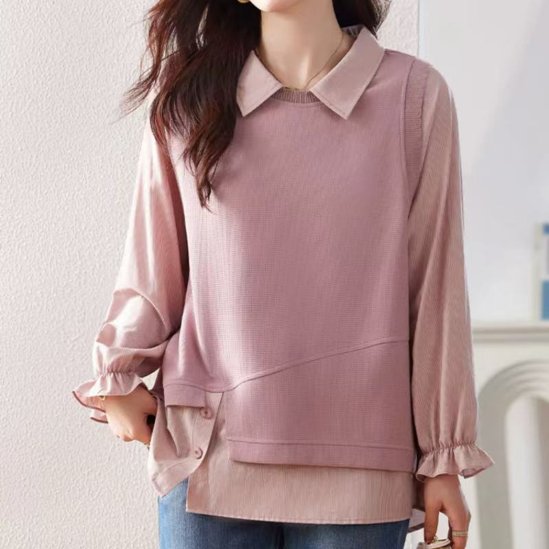粉色长袖衬衫女秋季欧货宽松大码假两件上衣洋气显瘦小衫