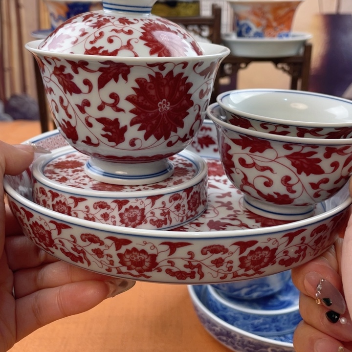 摆件陶釉里红缠枝莲五件套