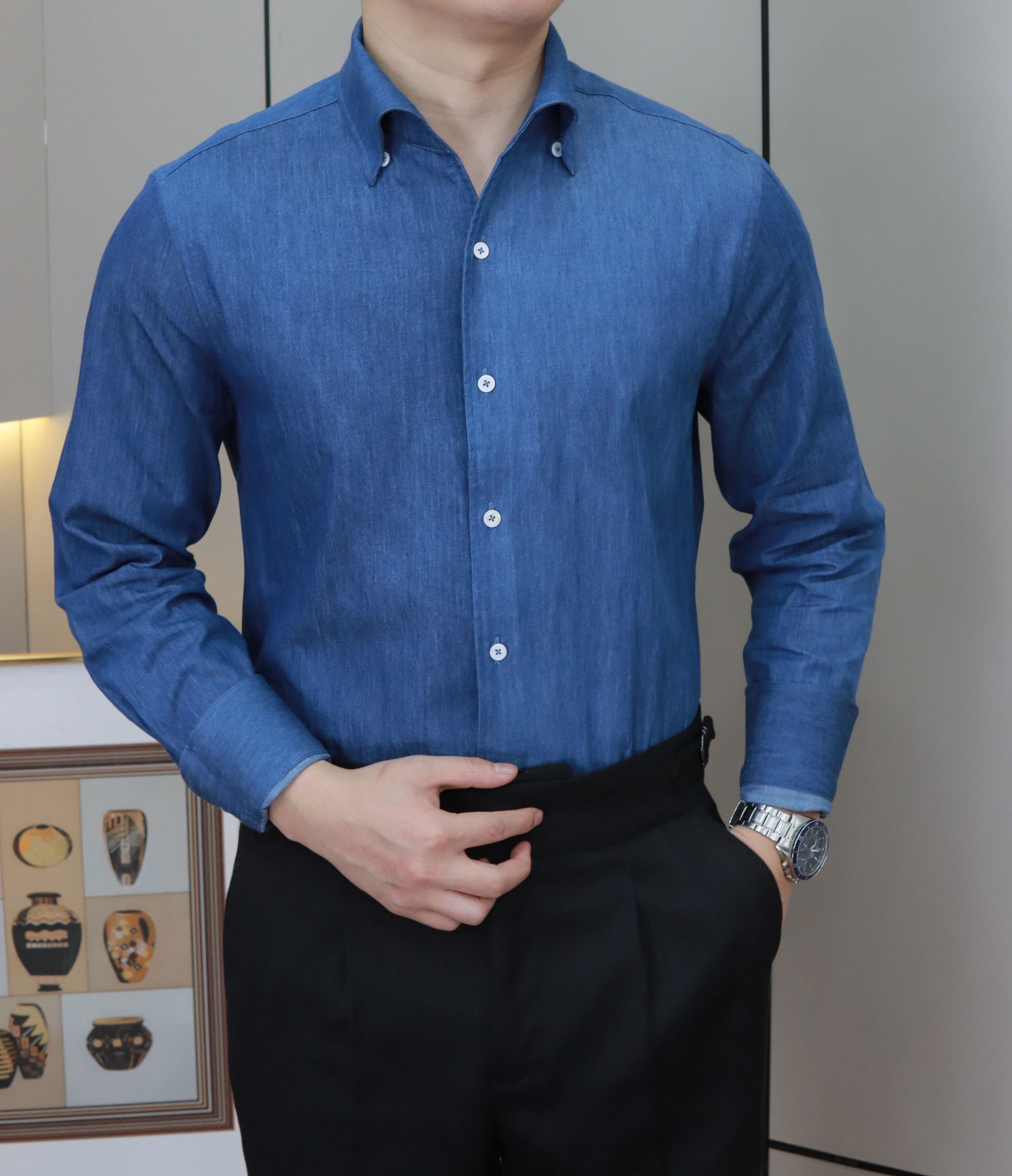 简约蓝色牛仔修身休闲长袖衬衫上衣衬衣男士男款春季薄款意式百搭