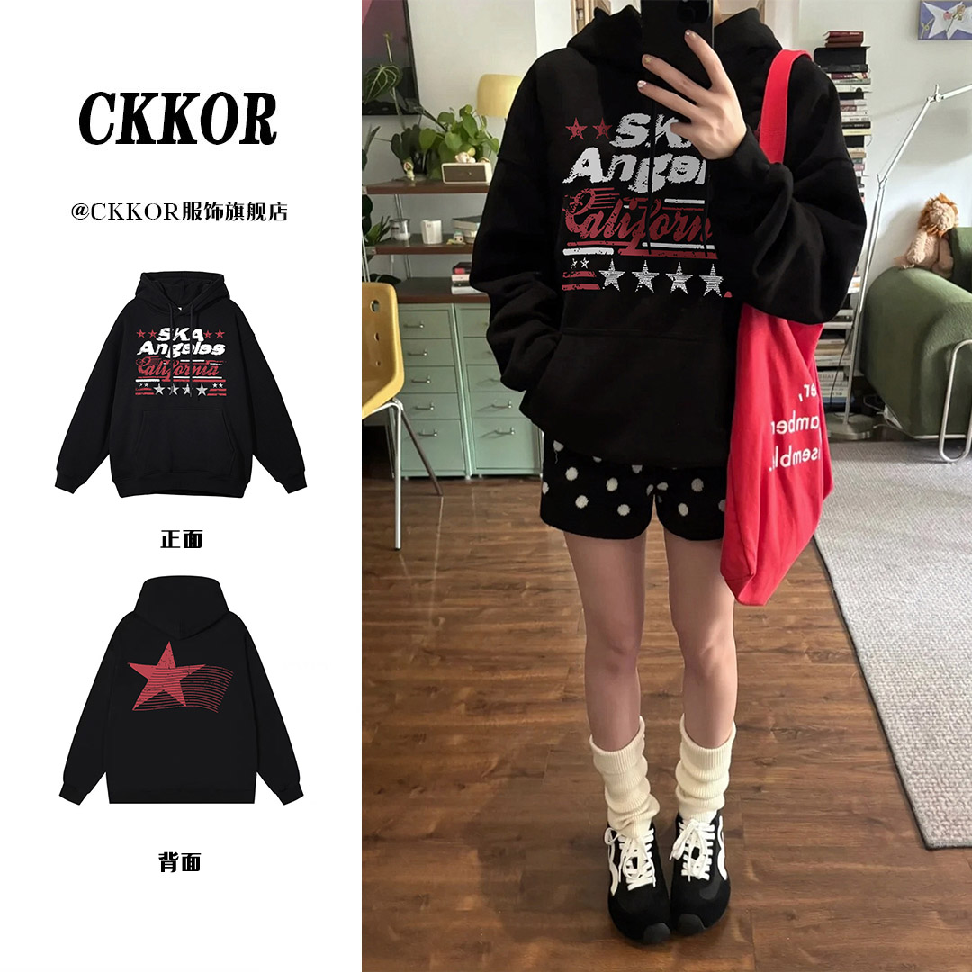 CKKOR新款爆款美式复古连帽卫衣男女冬季加绒加厚潮流休闲服穿搭 