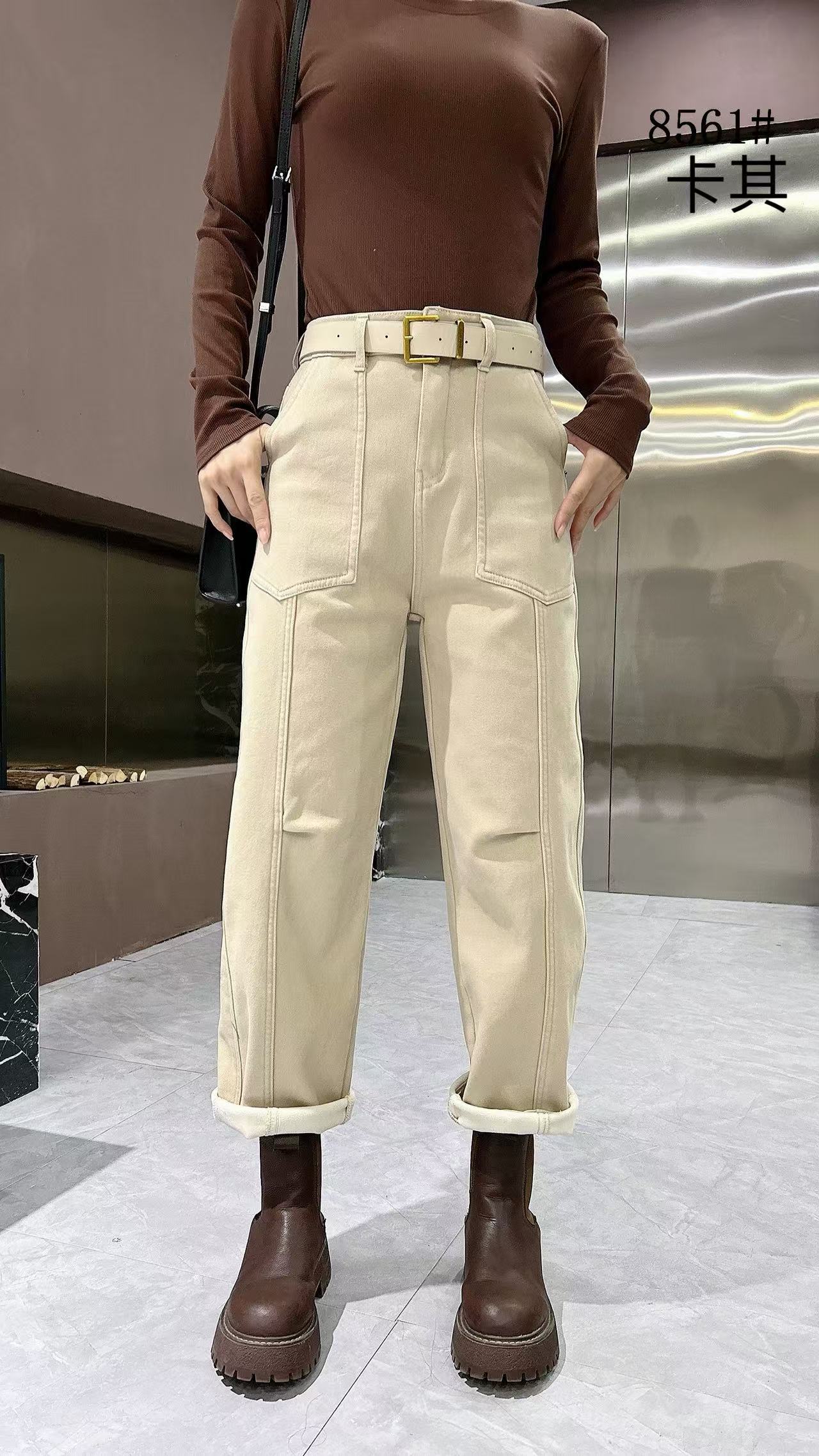 水洗哈伦裤高腰牛仔裤加厚白色直筒秋冬加绒卡其色百搭宽松时尚