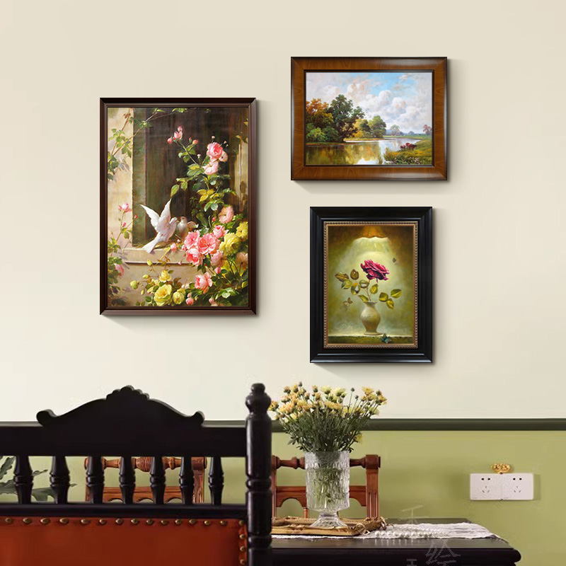 【法式欧式美式古典套画组合】手工油画复古装饰画三联花卉客厅餐厅