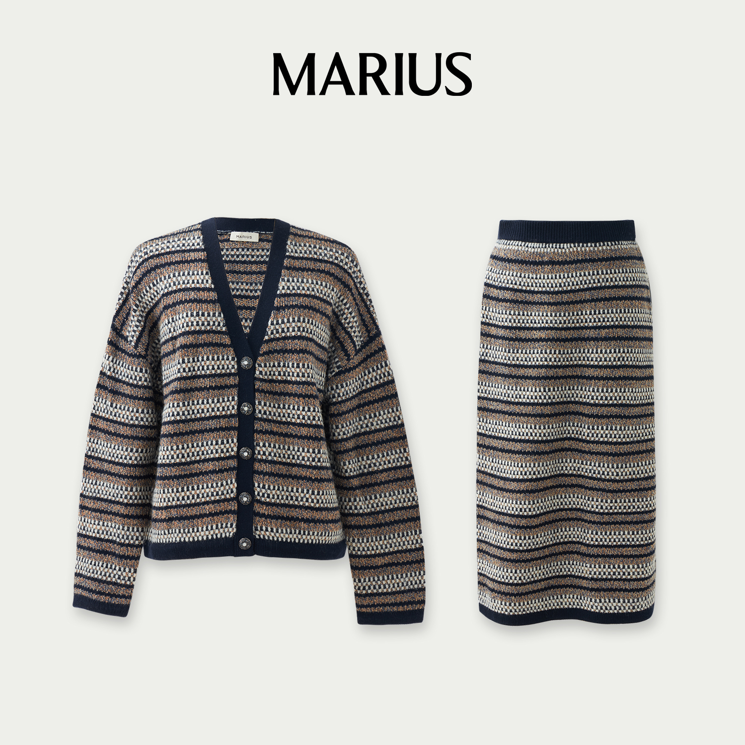 MARIUS混色条纹肌理感针织开衫/半裙套装