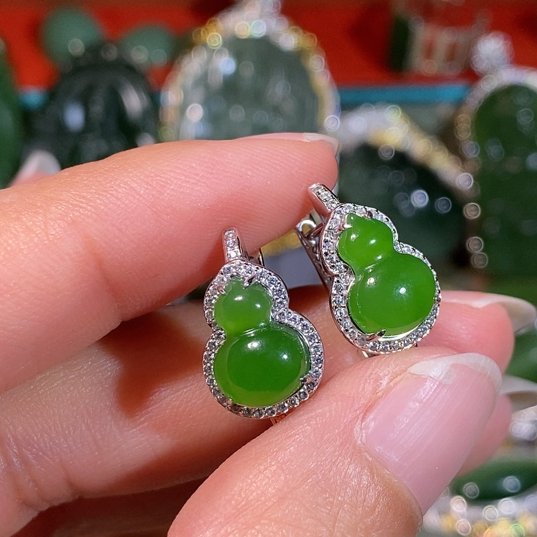 和田玉（碧玉）银S925镶嵌耳饰