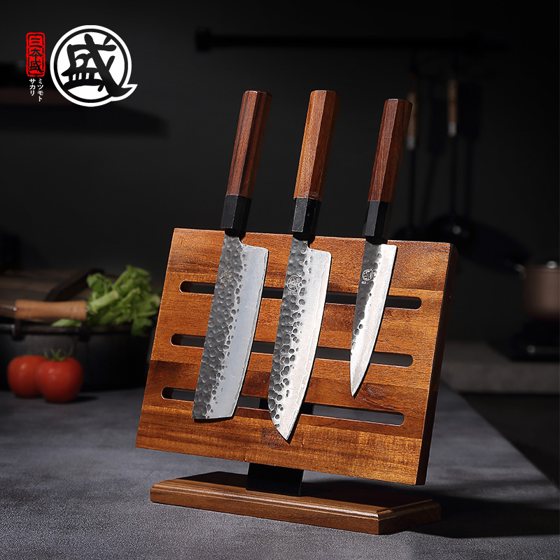 三本盛磁力台式菜刀刀架家用可拆卸实木厨房置物收纳架镂空刀架