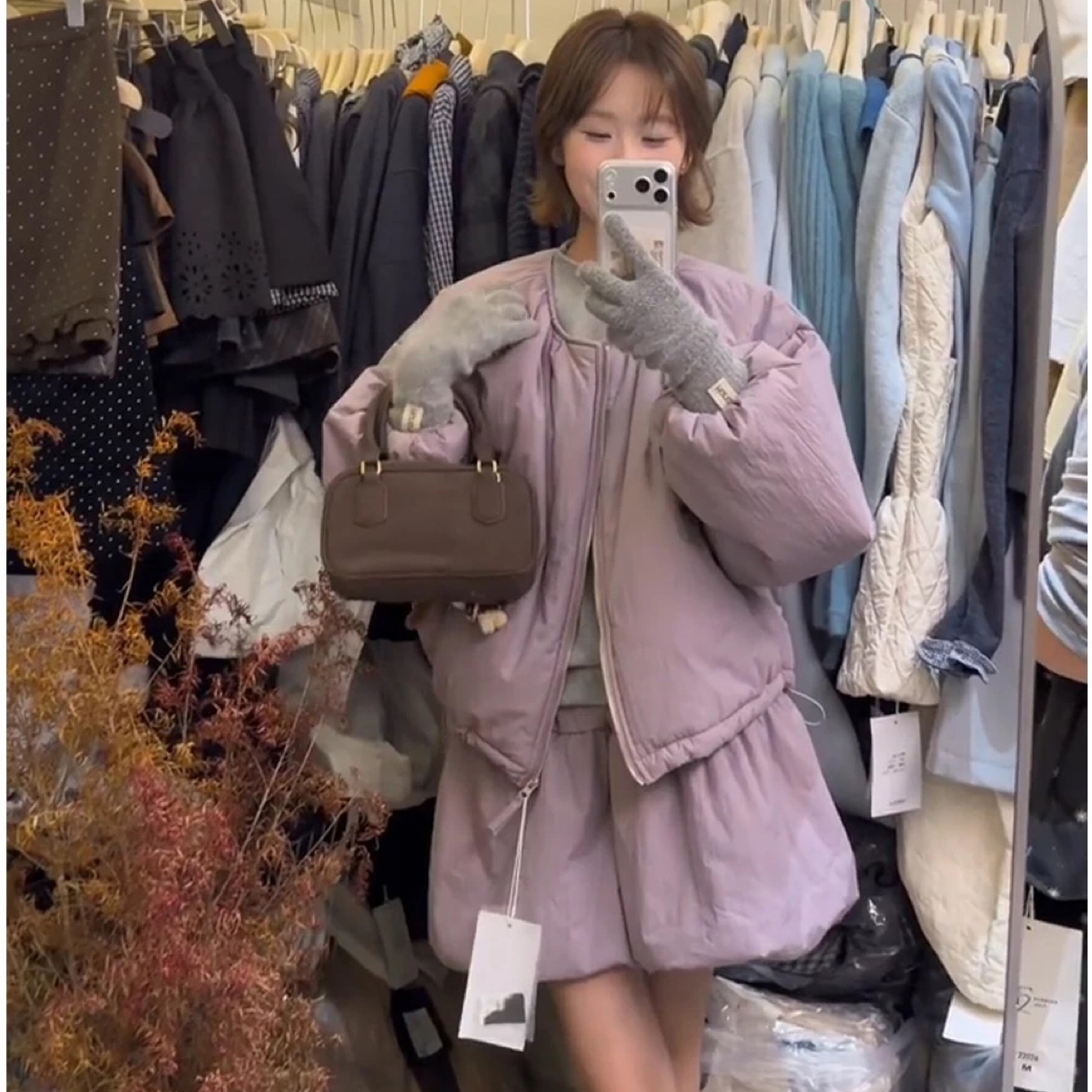 风韩系加厚棉服外套高腰显瘦花苞半身裙两件套