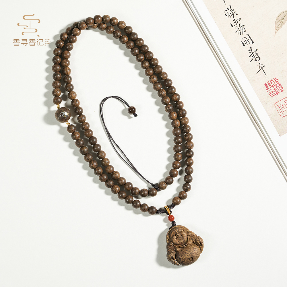 沉香【拂云】沉水级 弥勒佛吊坠芽庄黑棋楠沉香6mm圆珠挂脖套链F
