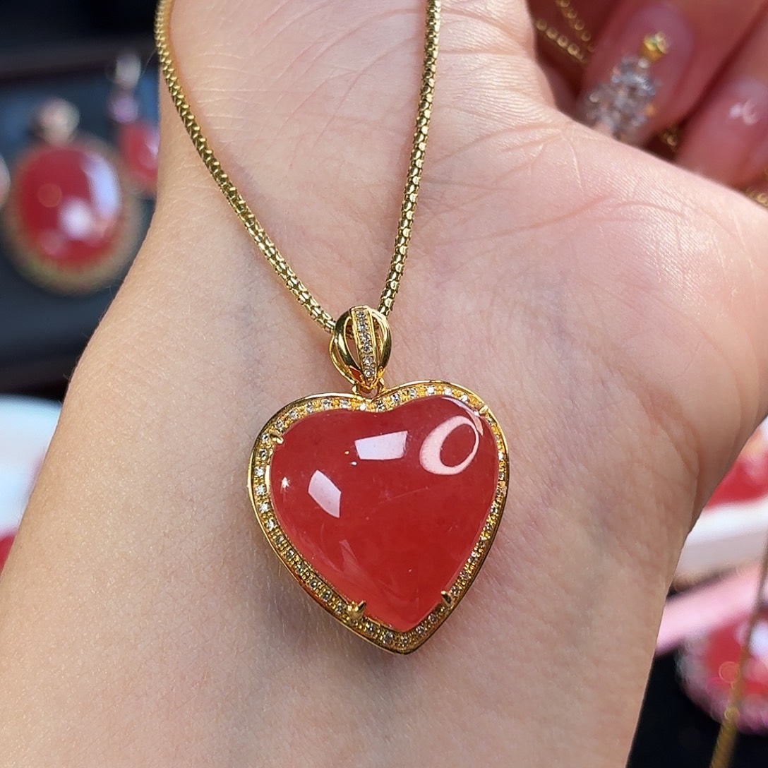 菱锰矿（红纹石）18K金镶嵌吊坠(不含链)