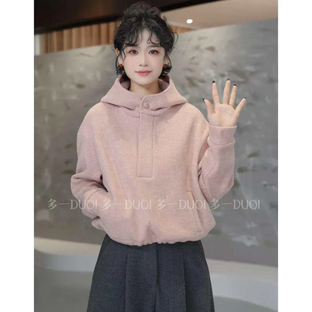 “粉色高光”2025冬季闪银烫钻连帽半开襟扣加绒抽绳百搭卫衣休闲