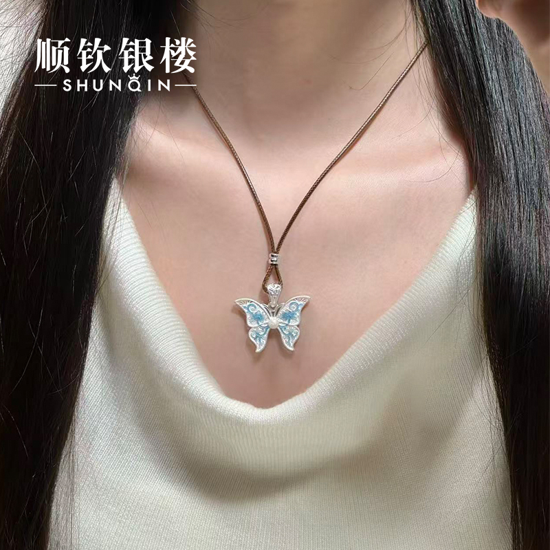 顺钦银楼 吊坠足银珐琅 【银蝴灵套链】999.9古法中式国风蝴蝶套链