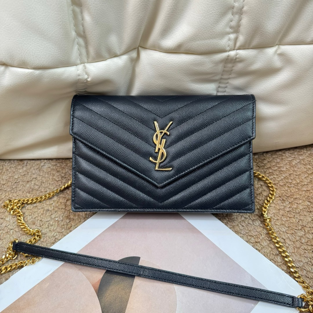 95新 YSL/圣罗兰 fl66 黑金 牛皮 信封链条包/676756086