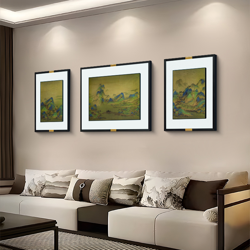 益师傅式客厅装饰画 沙发背景三联画办公室画千里江山图80220