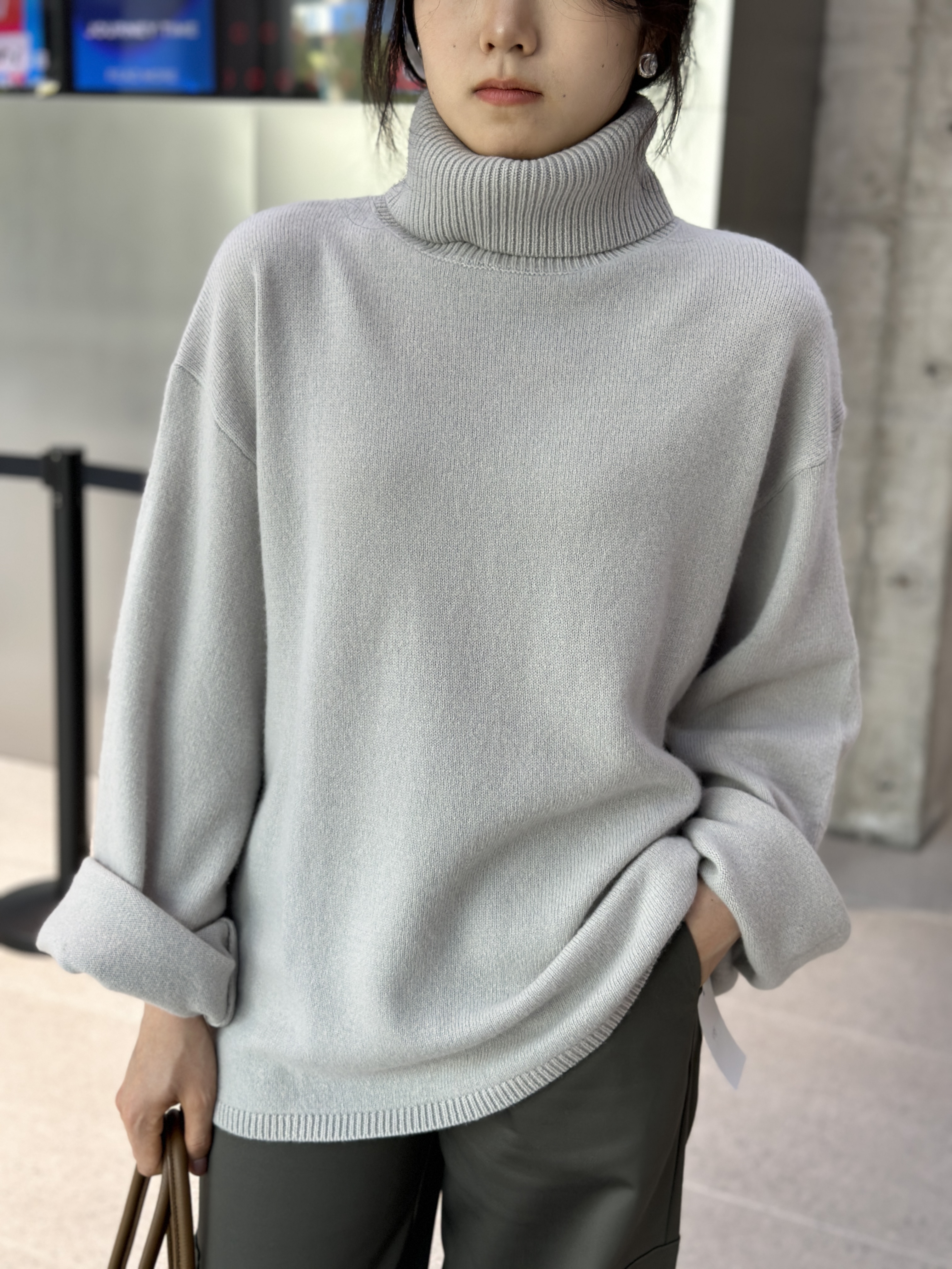 拼接宽松型极简风毛针织衫打底衫套头纯色高领毛针织衫
