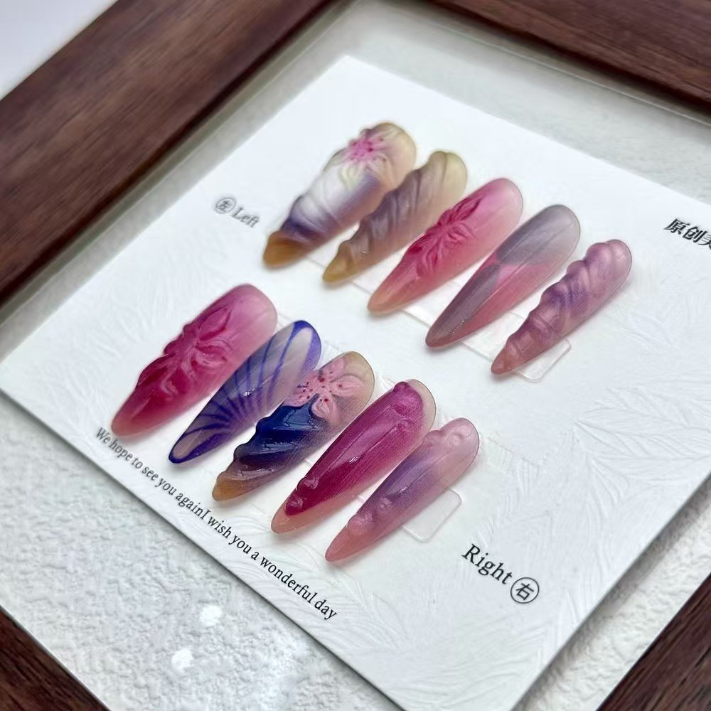 高级感夏日法式立体冰花渐变手工穿戴甲