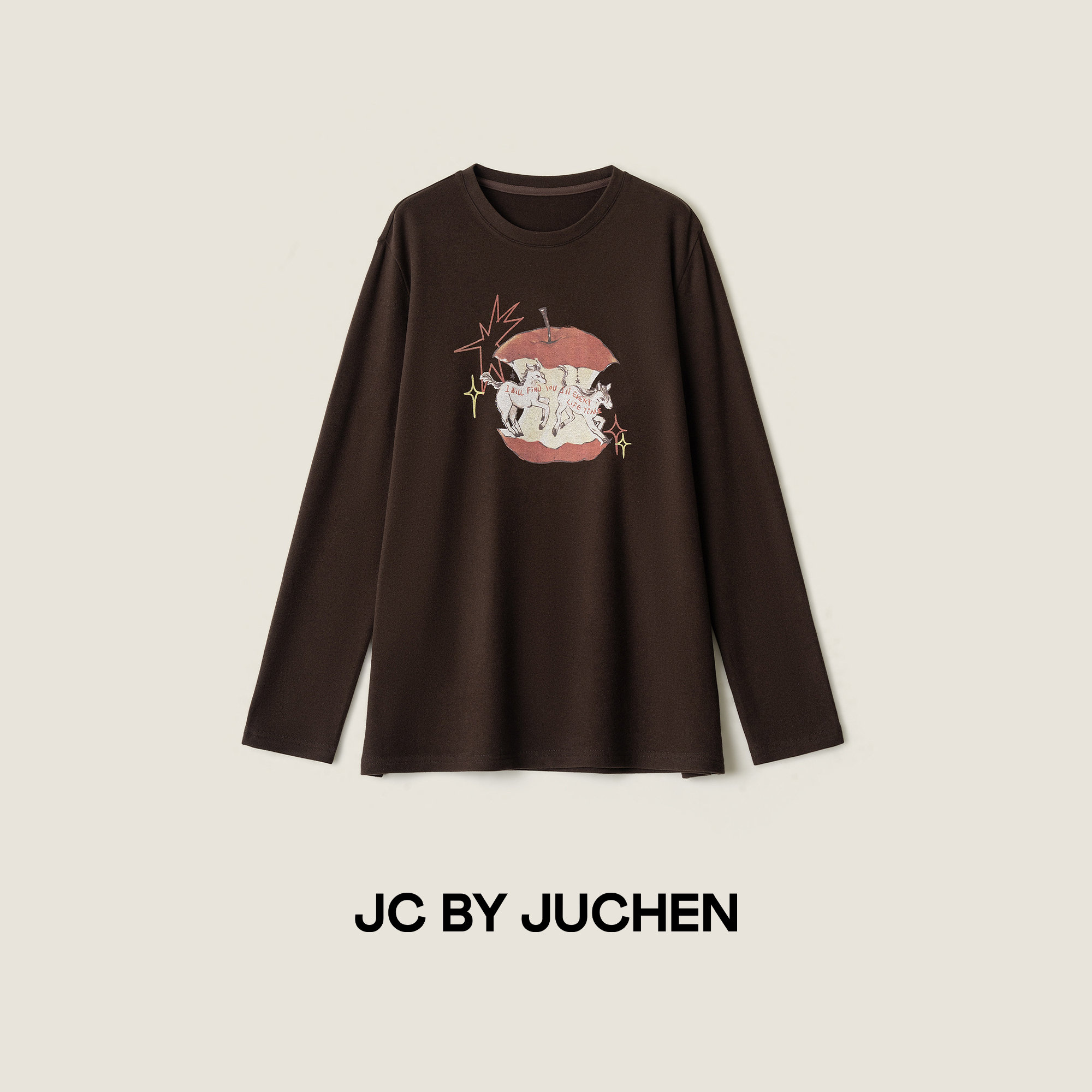 平安果旋转小马T手绘创意印花加厚宽松百搭长袖T恤 FW115677