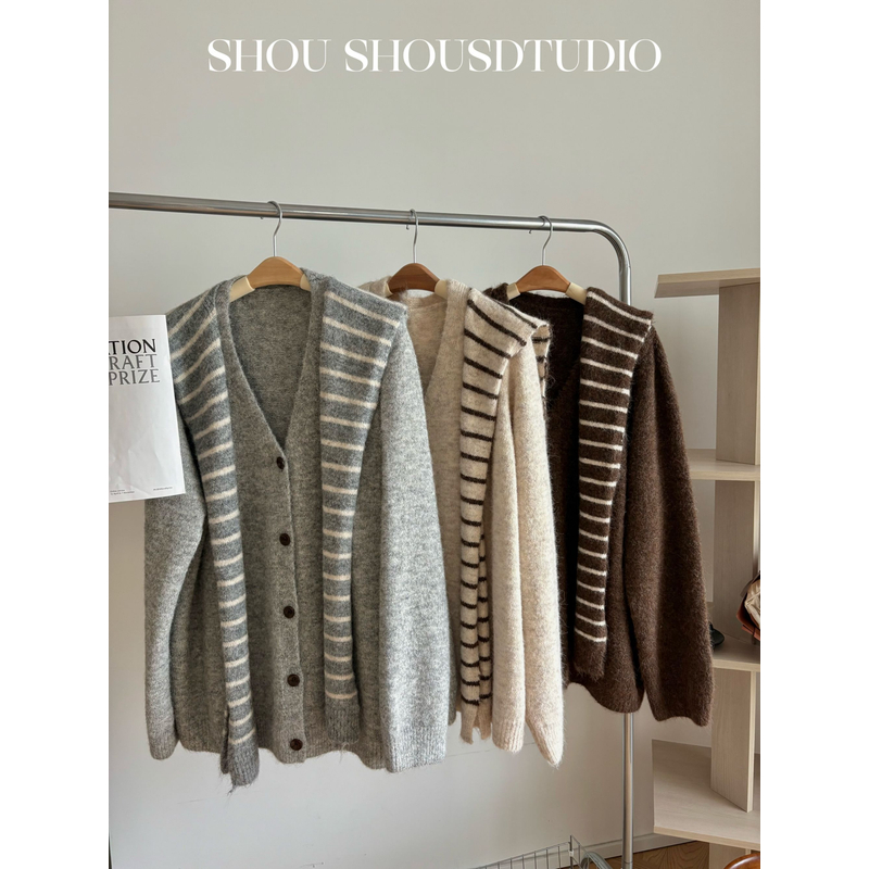 【菲菲】大码羊驼毛氛围百搭宽松套头毛衣+条纹披肩套装S02147