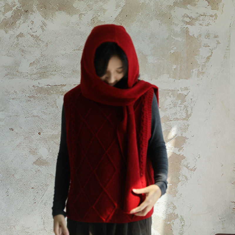 尘染·100%羊毛·连帽围巾女秋冬季新款纯色针织披肩帽子一体围脖