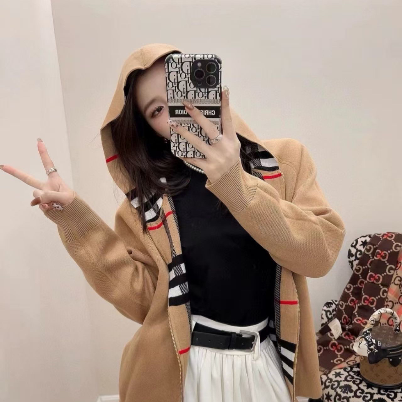 秋冬新款经典格纹双面拉链针织夹克连帽开衫外套女