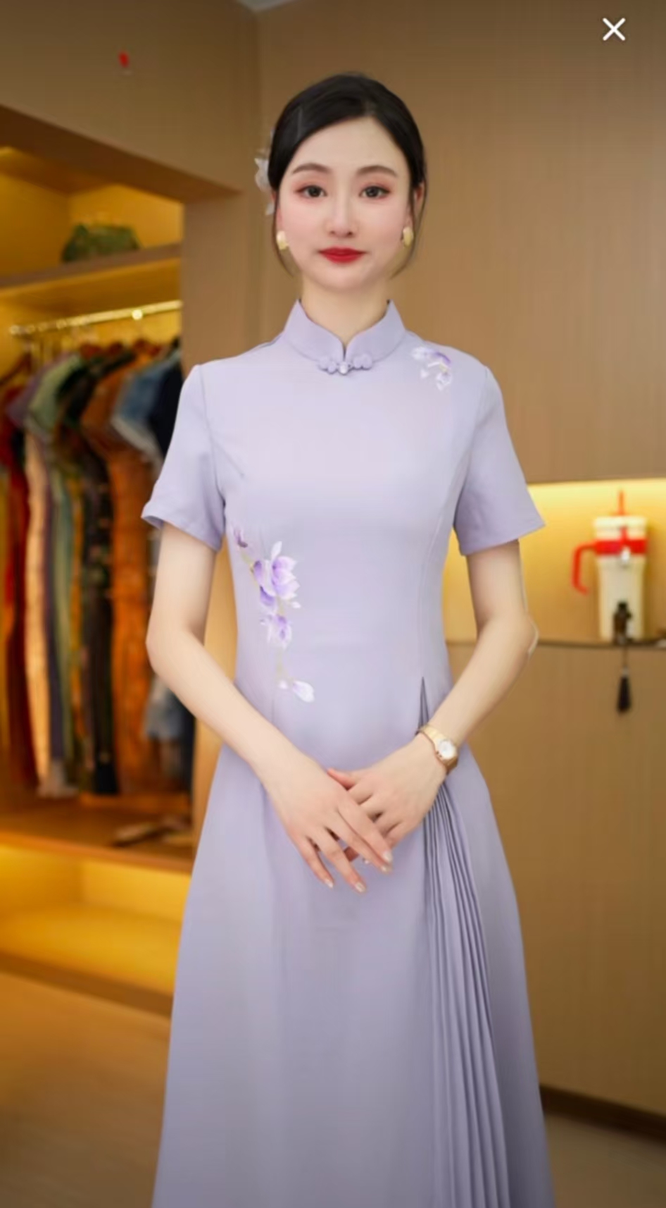 安诗歌天水碧 优雅奥黛改良旗袍裙M-4XL