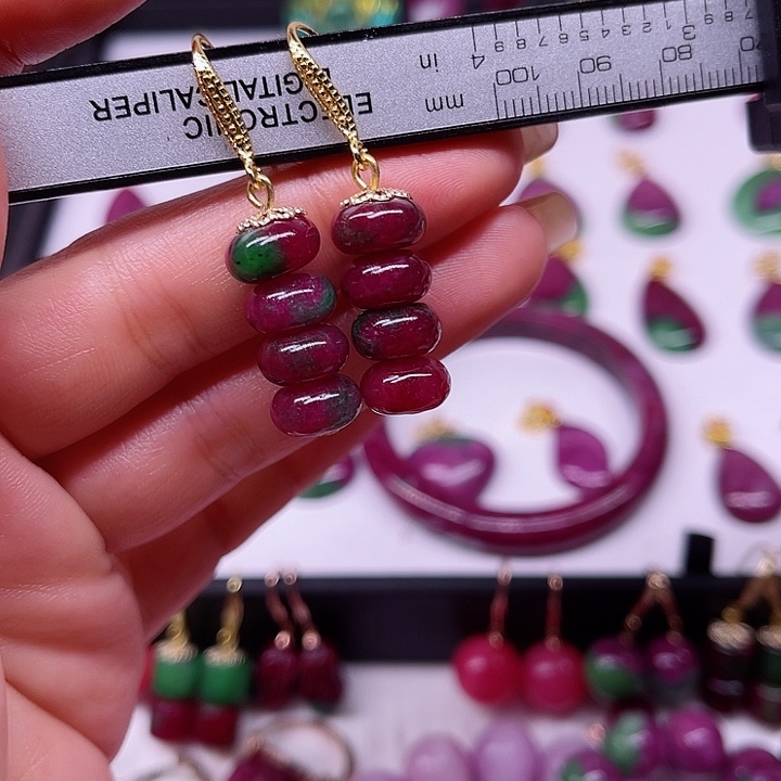 红宝石算盘珠耳坠银S925镶嵌