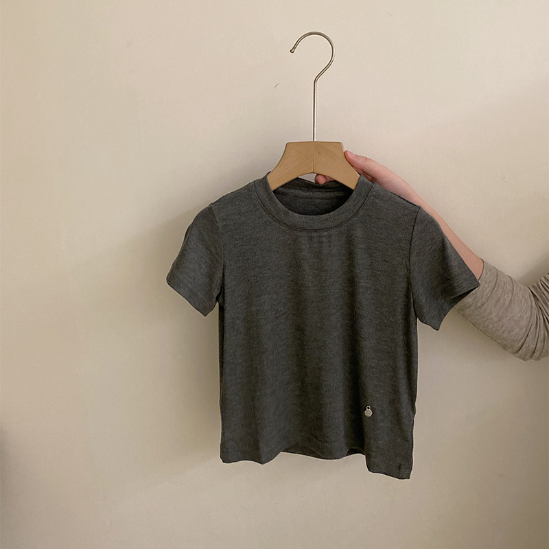 R25229女童夏季新款百搭纯色短袖上衣宽松阔腿休闲牛仔裤子两件套