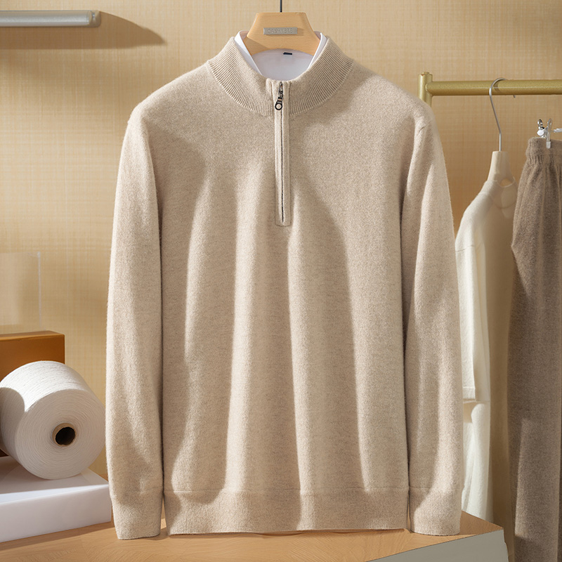100%纯山羊绒衫男士14针半高拉链套头羊绒衫中厚针织纯羊绒衫毛衣