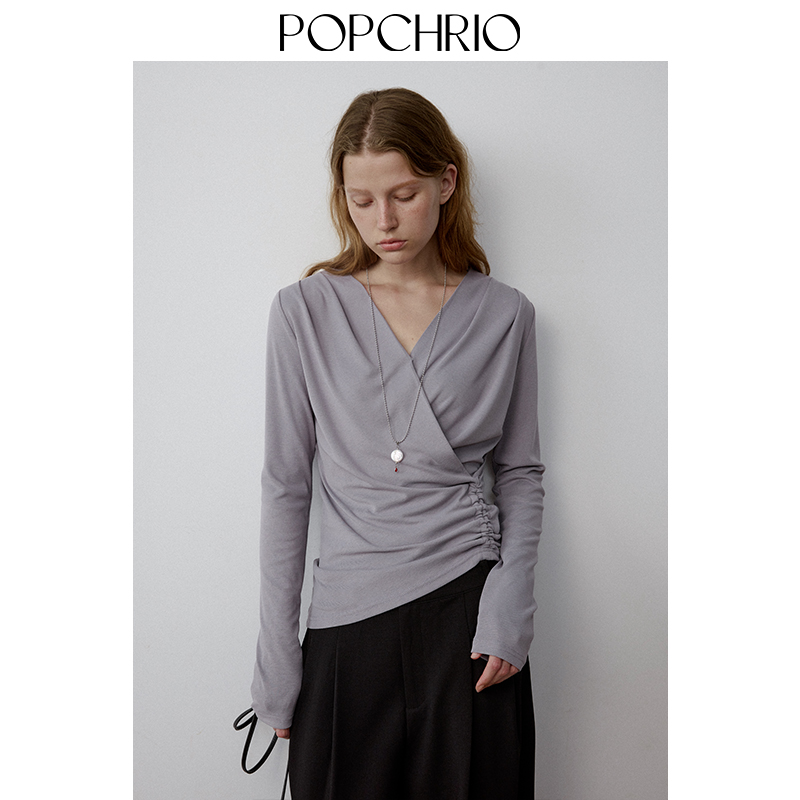 POPCHRIO◆ 法式不对称围裹v领抽褶长袖T恤衫修身正肩内搭打底上衣