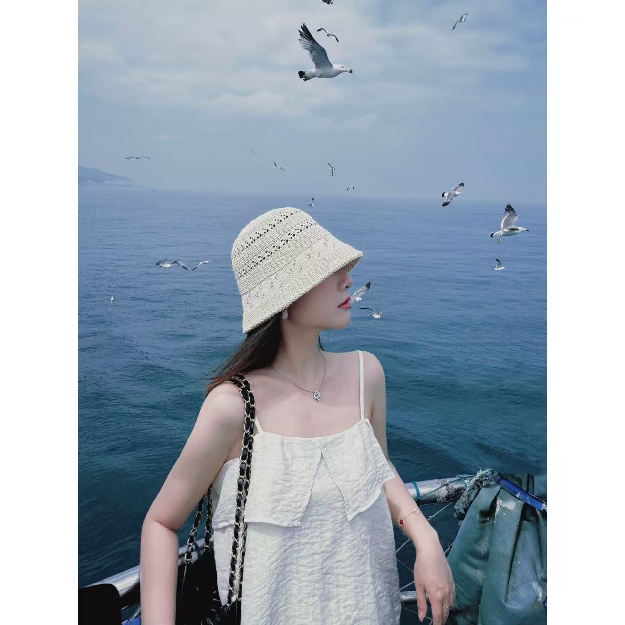 CANTIILAR 镂空手工编织百搭透气渔夫帽出游小清新遮阳帽 Z253065