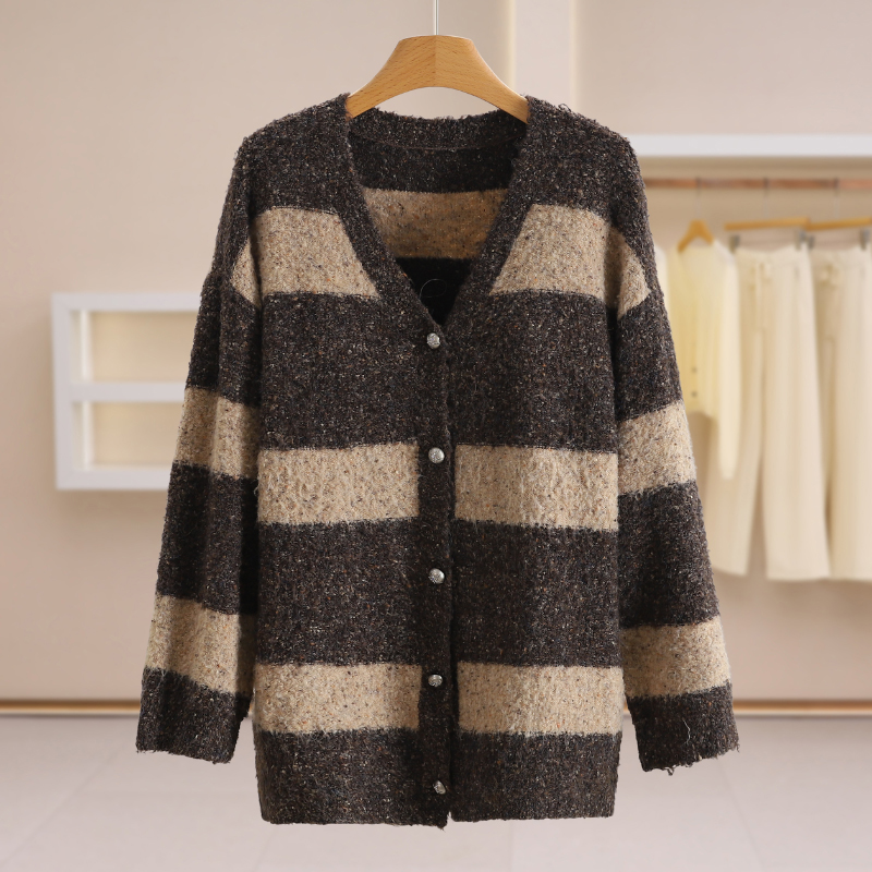 F7821-【M】松弛条纹宽松单排扣休闲毛衣开衫#XMF58U002