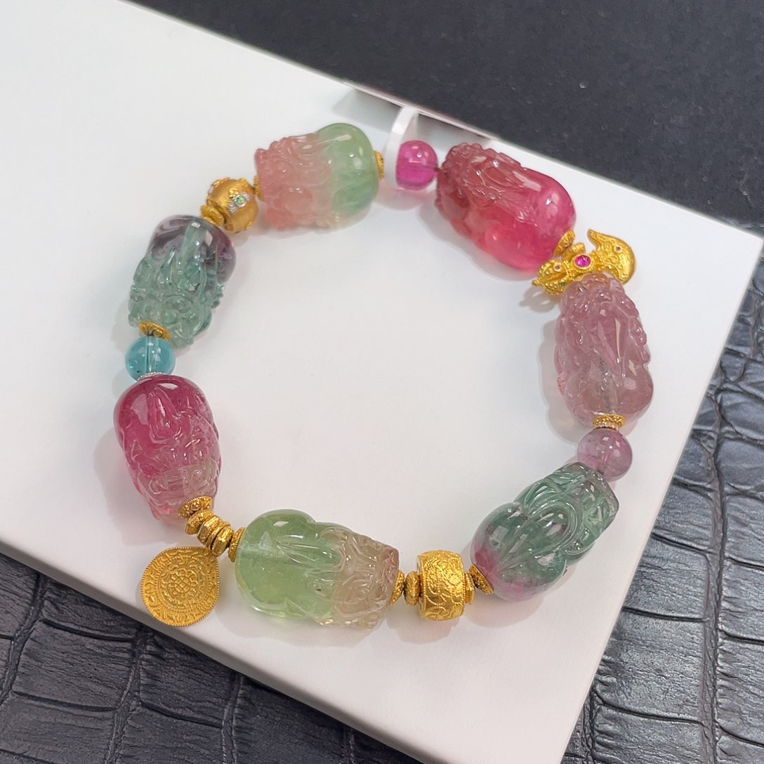 西瓜碧玺手链18K金镶嵌 净体 貔貅13+mm