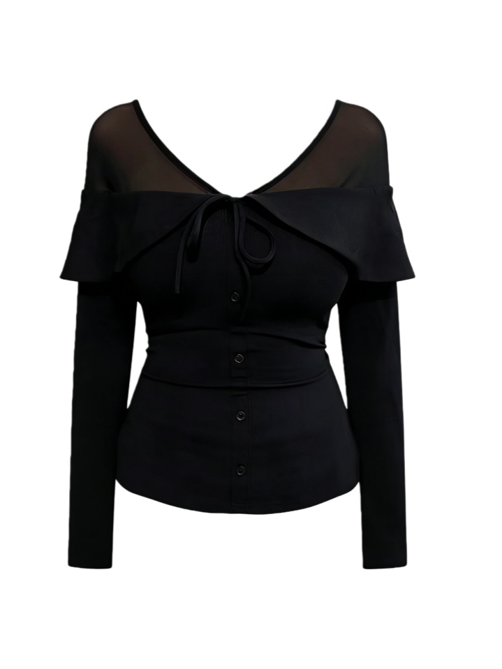 大码女装纯欲风微透网纱拼接一字肩长袖T恤打底衫女显瘦辣妹上衣