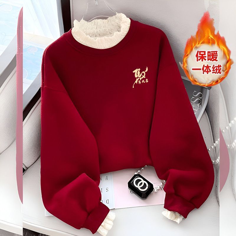 女童马年加绒卫衣2026本命年红色中大童蕾丝花边高领上衣拜年服潮