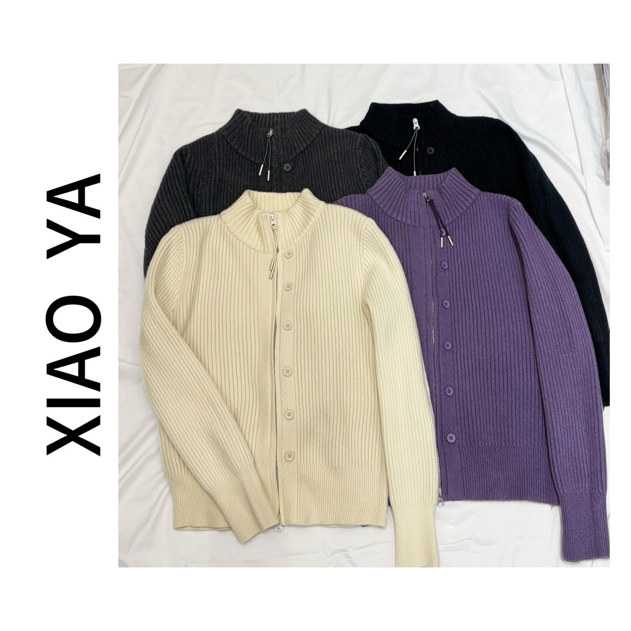 6145秋冬新款韩版立领排扣双拉链纯色百搭针织上衣