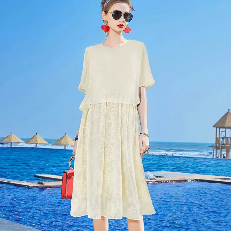 E8057恩纳斯拼接假两件桑蚕丝连衣裙刺绣女裙洋气