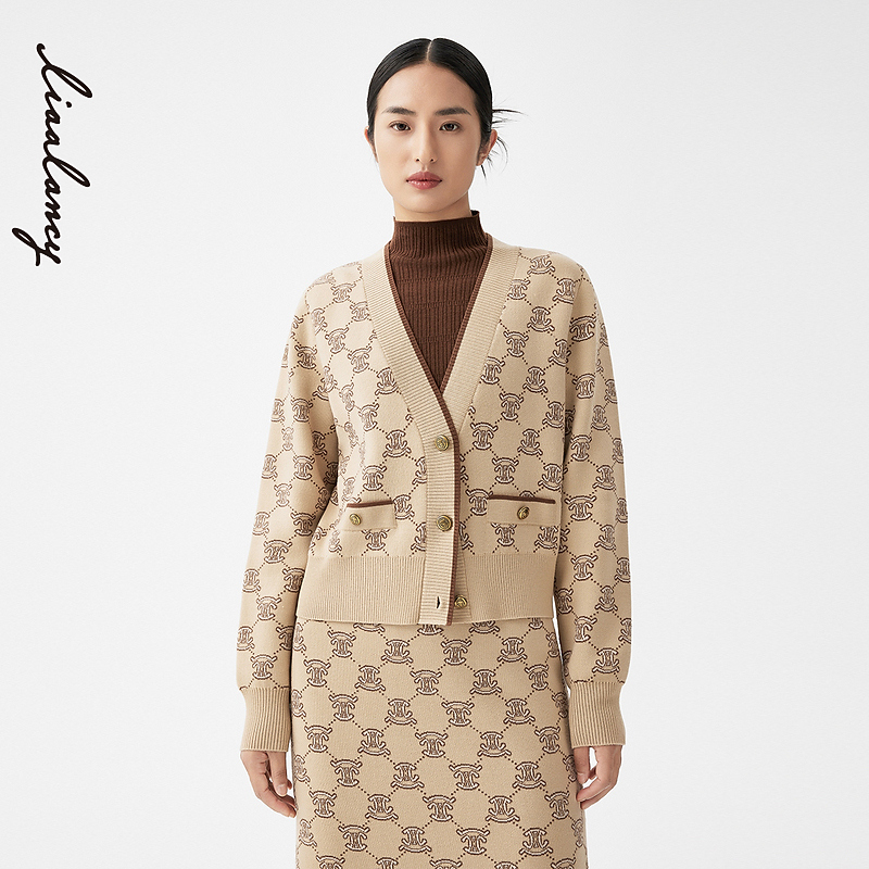 LANCY/朗姿新款印花羊毛针织衫修身女士套装复古老钱风