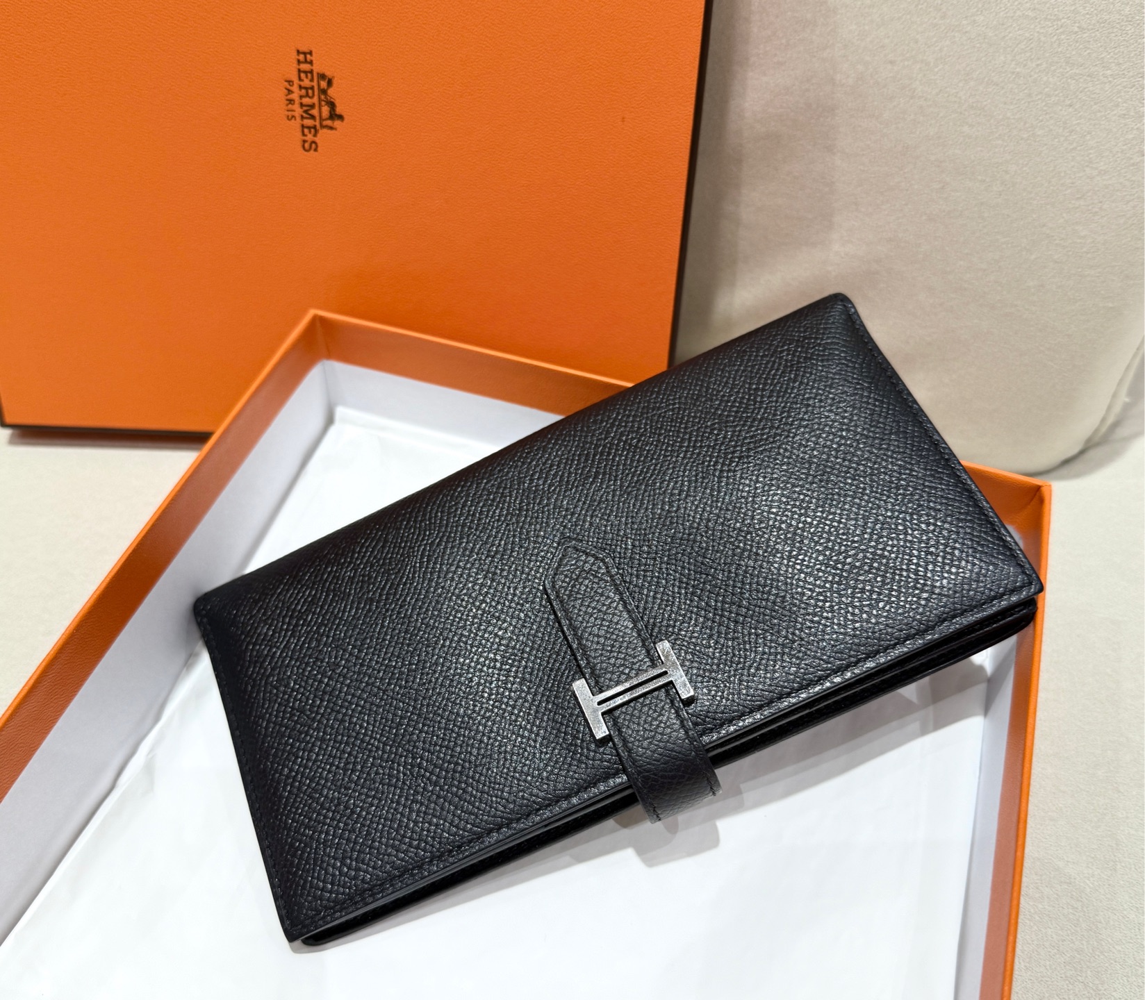 99新 Hermes/爱马仕 bearn黑银长款钱包X刻/9199黑色时尚