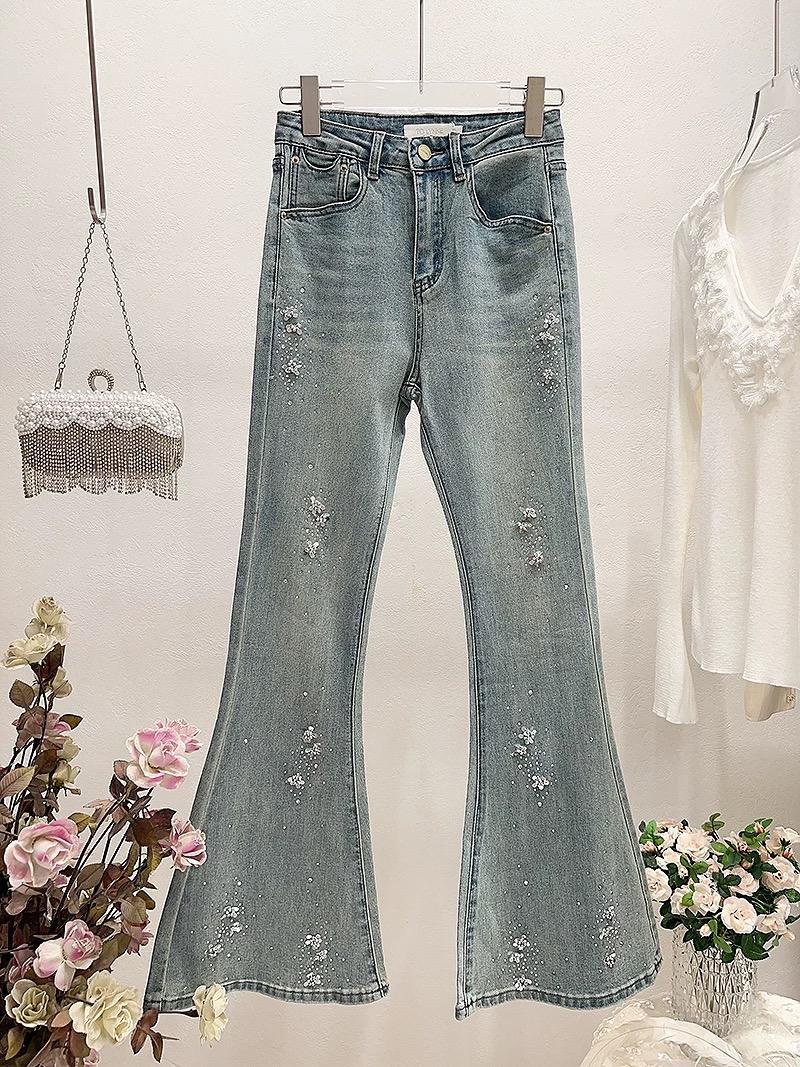 889花朵刺绣重工显瘦气质高级时尚牛仔裤阔腿微喇裤