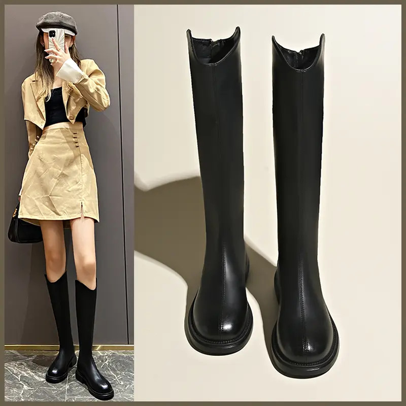 秋冬加绒平底长靴女黑色V口百搭显瘦弹力增高瘦瘦靴高筒长筒靴