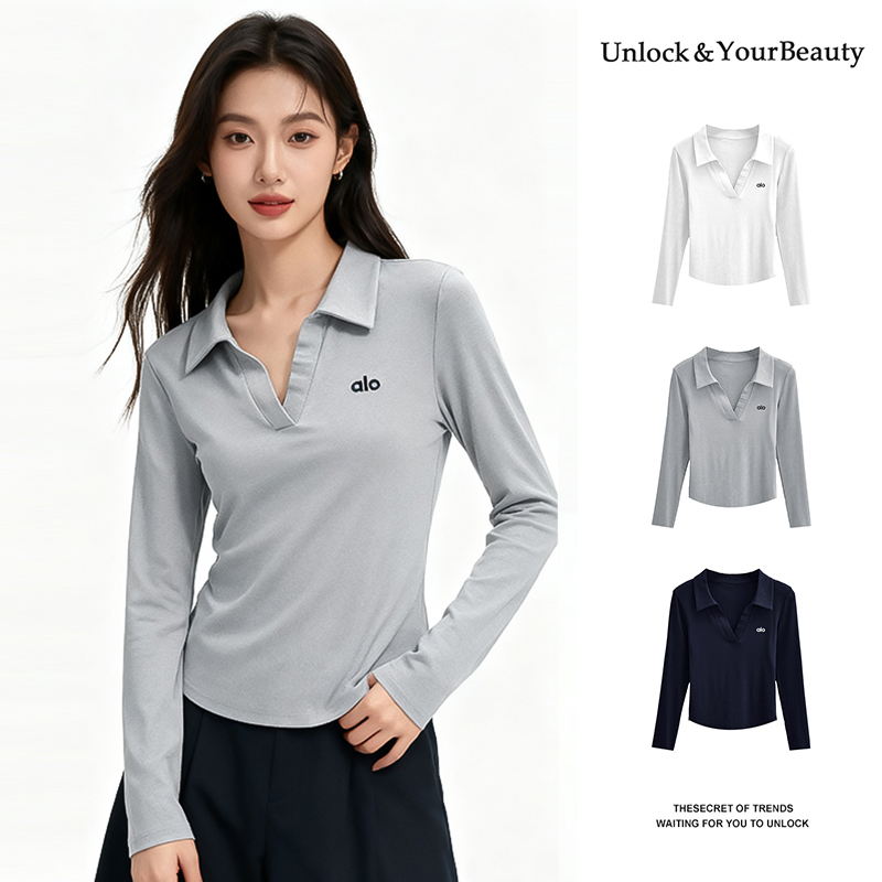 【直播间专享】秋季翻领字母刺绣长袖POLO衫修身显瘦女打底上衣简