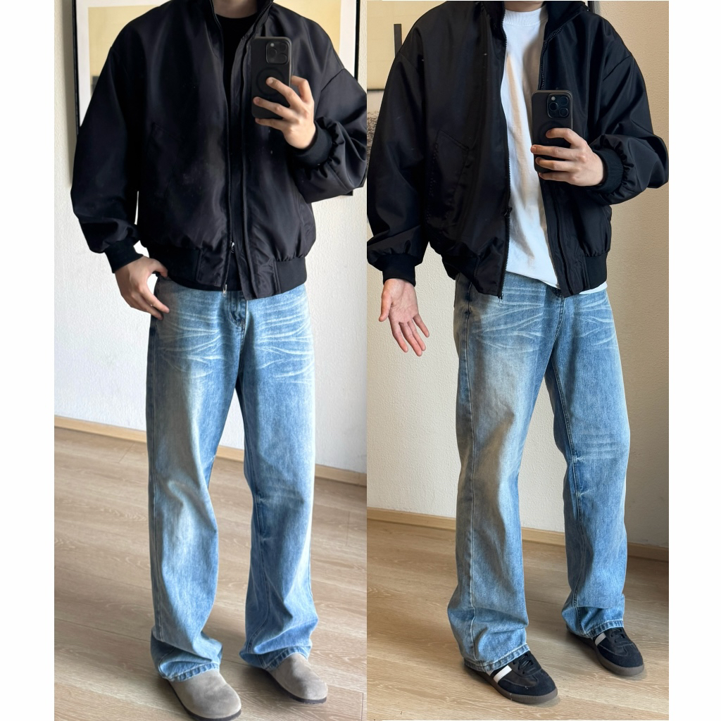 美式复古水洗蓝色直筒牛仔裤秋冬宽松男休闲百搭冰蓝阔腿长裤男士