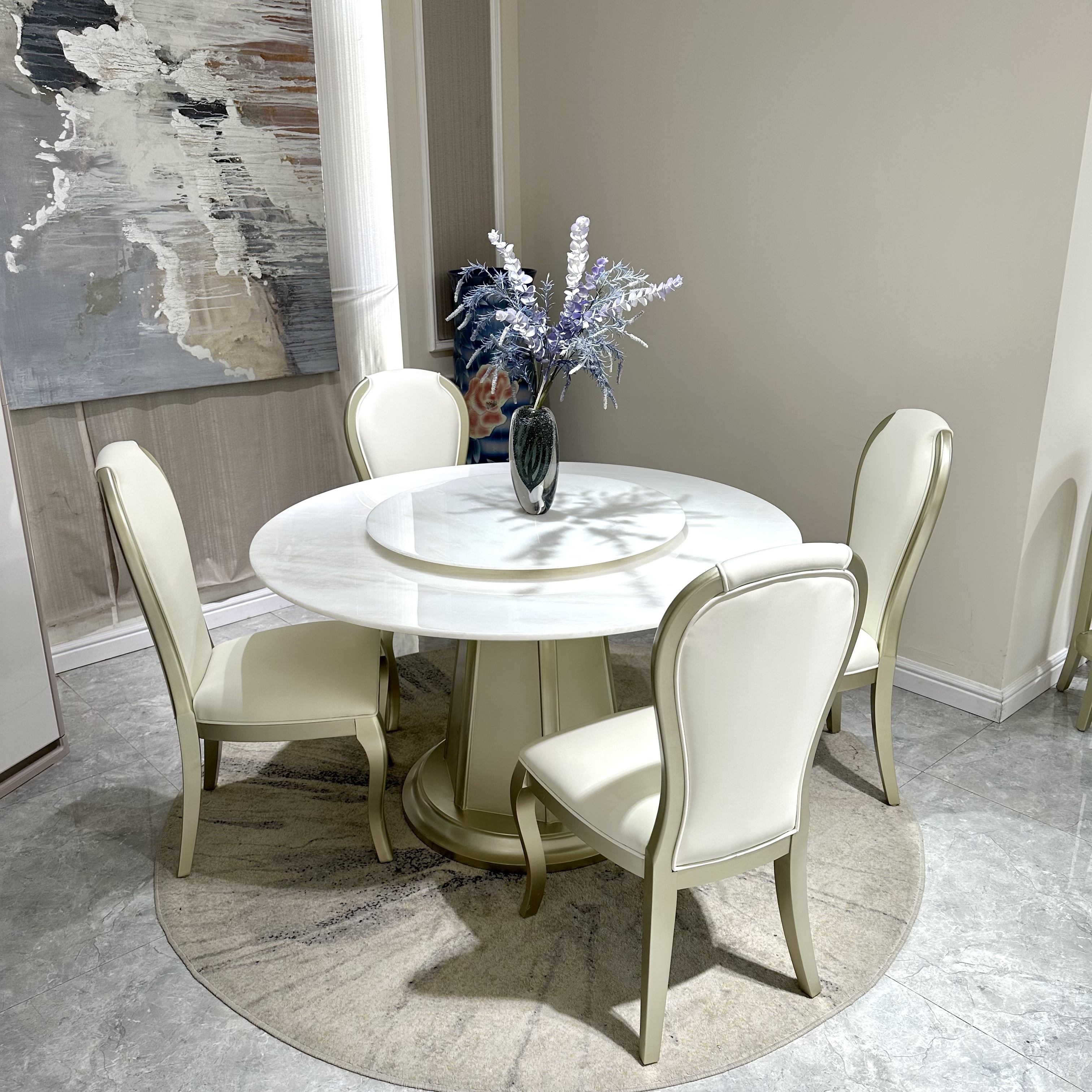 美式轻奢实木两用时尚圆餐桌简约圆形餐台桌椅香雪梅大理石圆餐桌